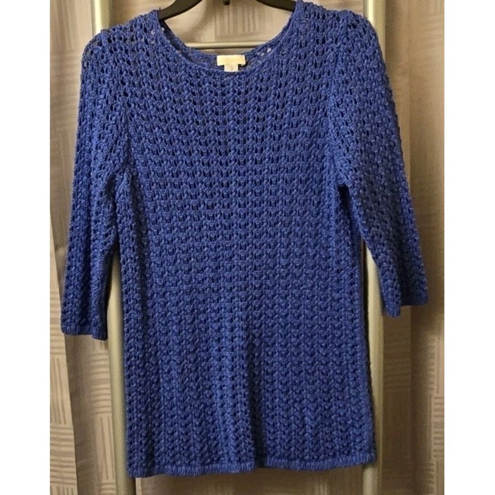 Chicos Crochet Sweater SZ 3 XL Pullover Blue Open Weave 3/4 Sleeve